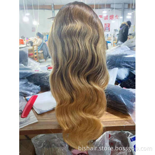 Ombre 1b/27# Long Body Wave Brown T Part Transparent Lace Highlighted Human Hair Wigs 10a Highlight Body Wave Lace Front Wigs